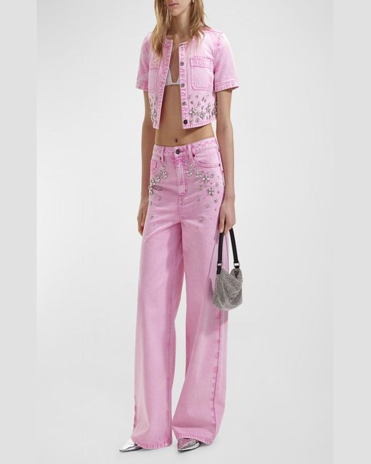 Self-Portrait Pink Embellished Wide-Leg Denim Jeans