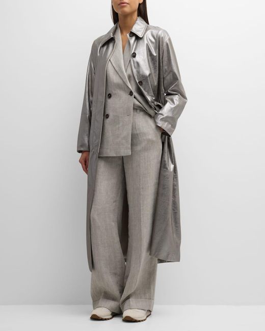Brunello Cucinelli Gray Metallic Leather Belted Long Trench Coat