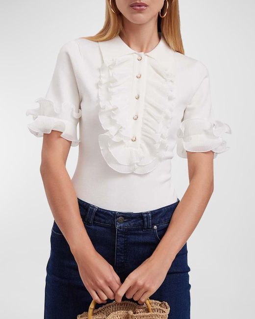Anne Fontaine White Maelys Ruffle-Trim Knit Shirt