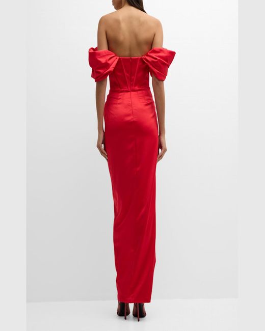 GIGII'S Red Laura Off-Shoulder Draped Column Gown