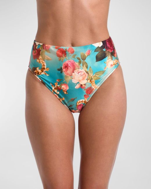 L'Agence Blue Vanessa Roses High-Waist Bikini Bottoms