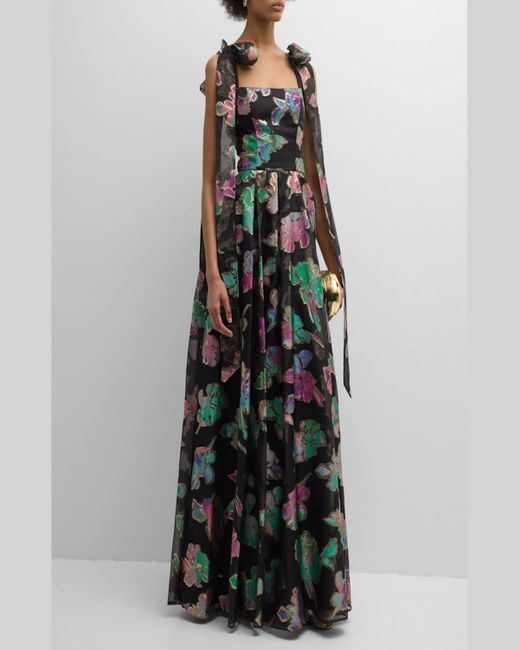 Black Halo Multicolor Devalin Pleated Floral Organza Brocade Gown