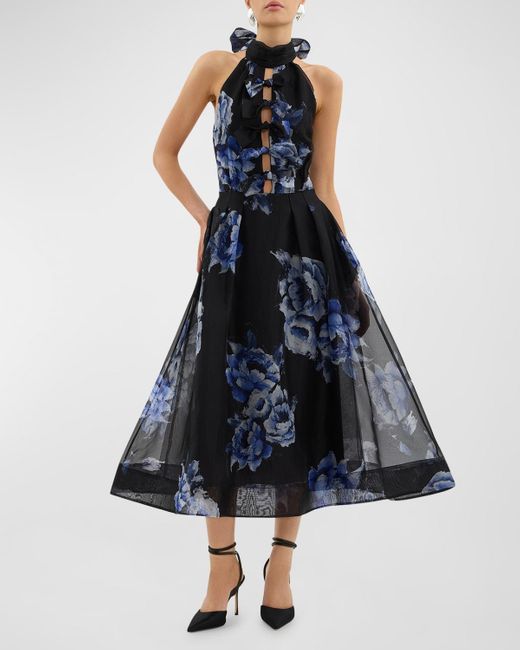 Rebecca Vallance Blue Florentine Floral- Cutout Midi Dress
