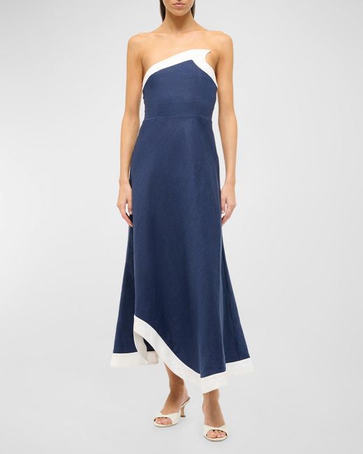 Staud Blue Sirani Strapless Two-Tone Linen Midi Dress