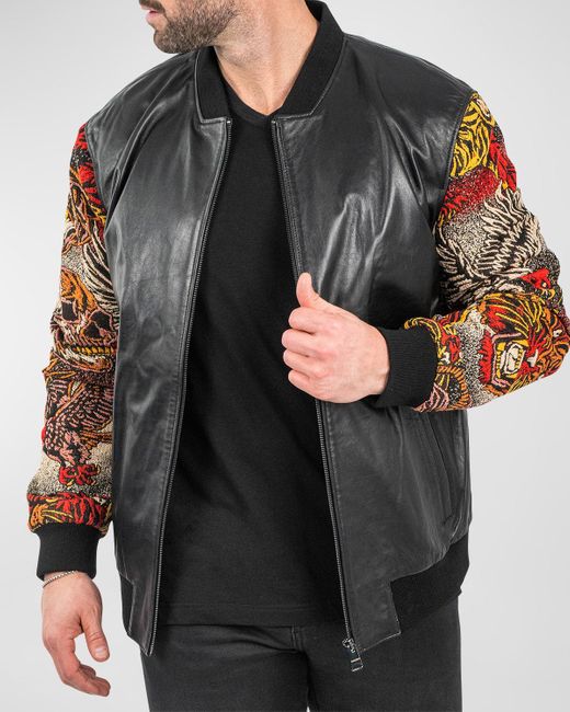 Maceoo Black Leather G Dragon Sleeve Bomber Jacket for men