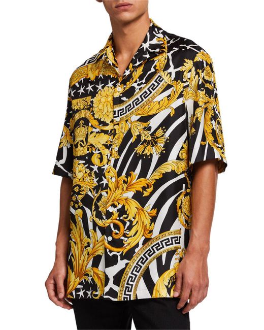 Versace Black Men's Jungle Baroque Silk Short-sleeve Sport Shirt for men