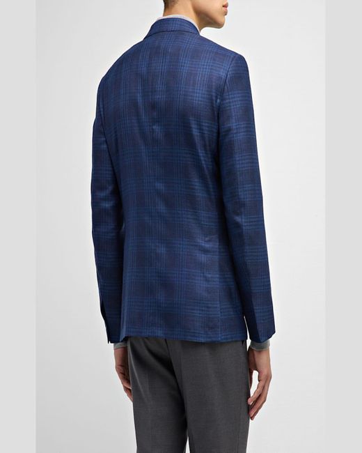 Zegna Blue Wool-Silk Plaid Sport Coat for men