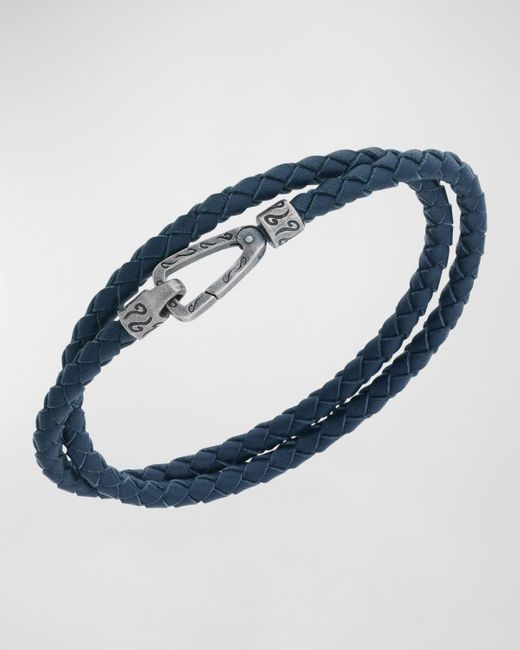 MARCO DAL MASO Blue Double Wrap Oxidized And Woven Leather Bracelet for men