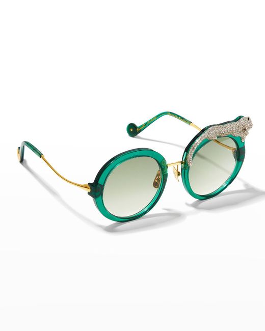 Anna Karin Karlsson Blue Rose Et La Roue Round Crystal-Embellished Leopard Sunglasses