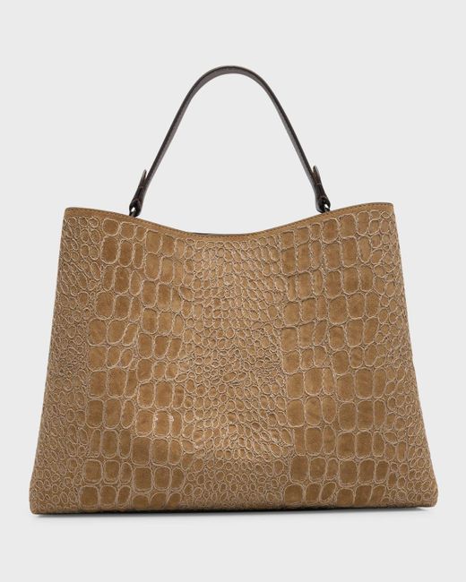 Brunello Cucinelli Brown Medium Croc-Embossed Leather Tote Bag