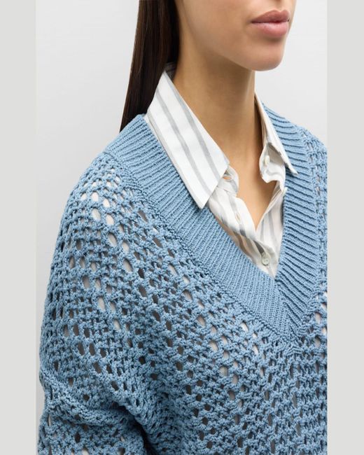 Brunello Cucinelli Blue Cotton Open-Work Knit Sweater