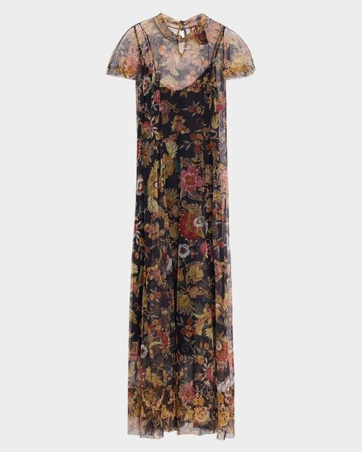 Johnny Was Kaimarie Embroidered Floral-Print Mesh Maxi Dress | Lyst