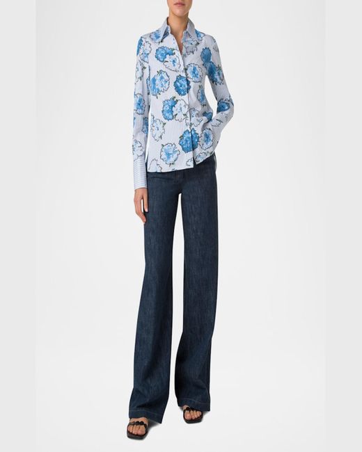 Akris Punto Blue Carnation-Print Striped Cotton Poplin Button-Down Blouse