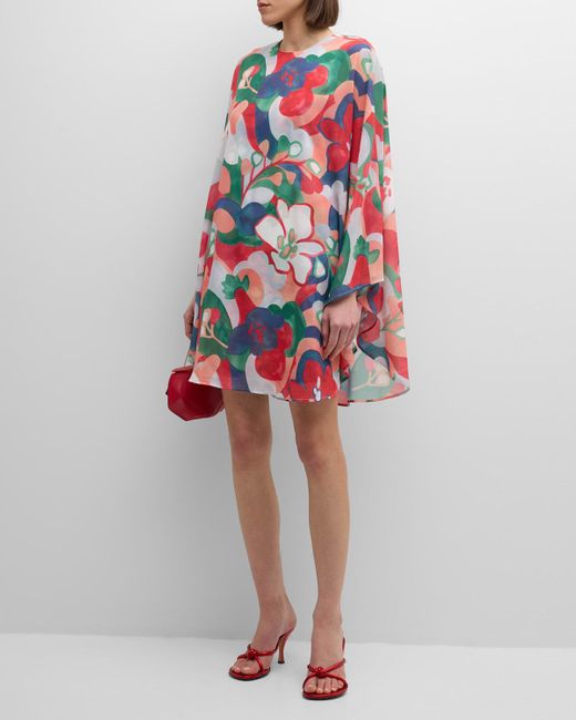 Frances Valentine Red Bree Floral-Print Cape-Sleeve Mini Dress