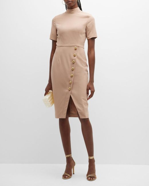 Black Halo Alondra Button-front Mock-neck Sheath Dress in Natural | Lyst