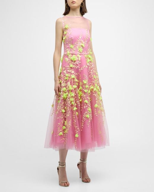 Maison Common Pink Sleevelesss Tulle Floral Embroidered Midi Dress