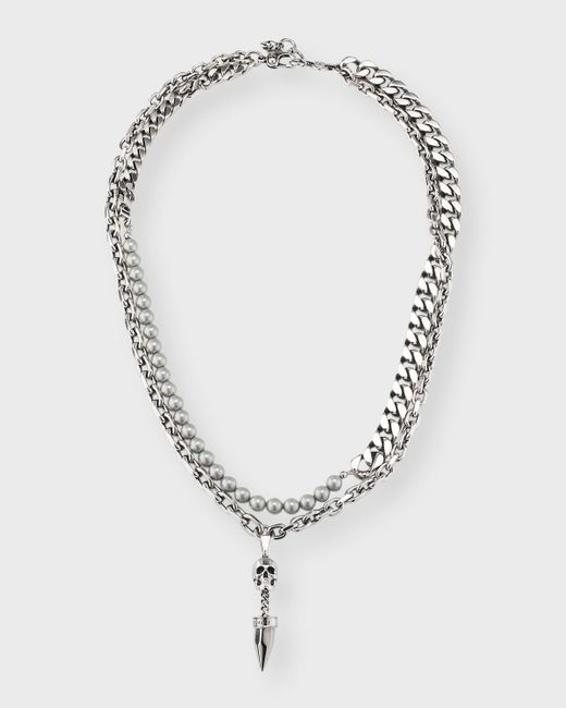 Alexander McQueen Metallic Faux Pearl And Skull Stud Double-chain Necklace for men