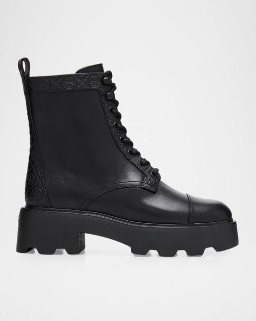 Tory Burch Black T Monogram Leather Lace-Up Ankle Boots