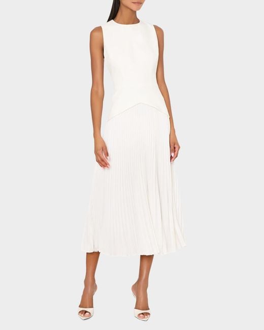 MILLY Helen Pleated Drop-Waist Midi Dress in White | Lyst