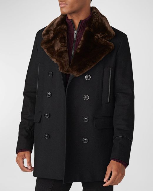 Karl Lagerfeld Black Wool Peacoat W/ Faux Fur Collar for men