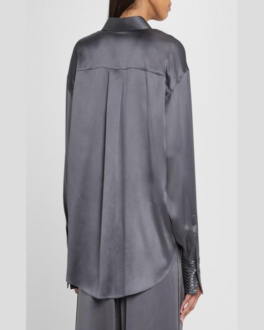 Brunello Cucinelli Gray Sequined Cuff Satin Blouse