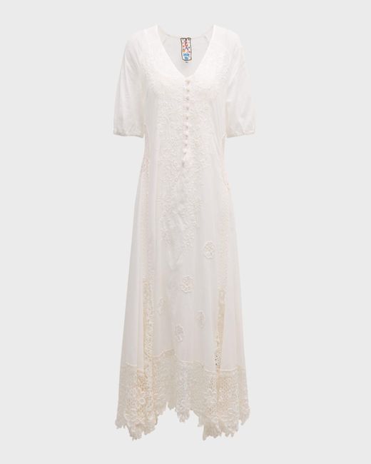 Johnny Was White Isabelle Embroidered Lace-Trim Midi Dress