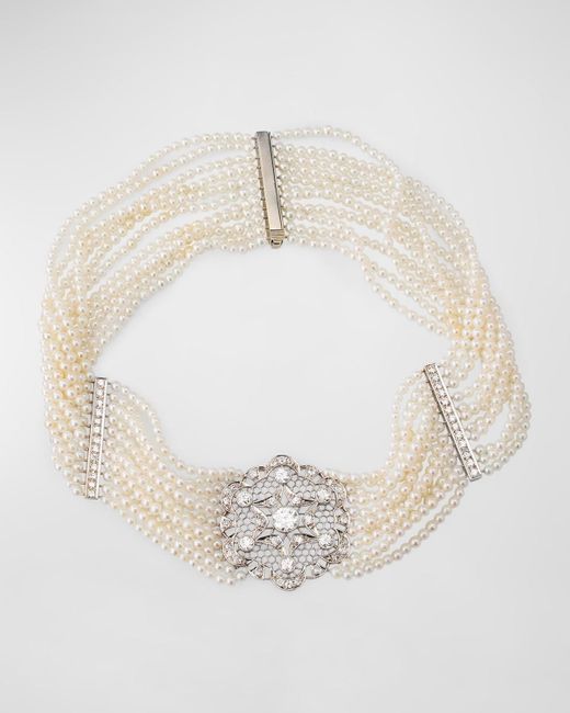 NM Estate White Estate Art Deco Platinum 11-Strand Pearl Choker Necklace With Diamonds