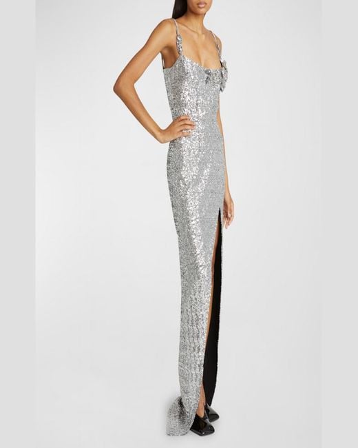 Balmain White Sequined Column Gown With Rose Detail