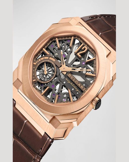 BVLGARI Pink 40mm Rose Gold Octo Finissimo Skeleton Watch With Alligator Strap, Brown for men