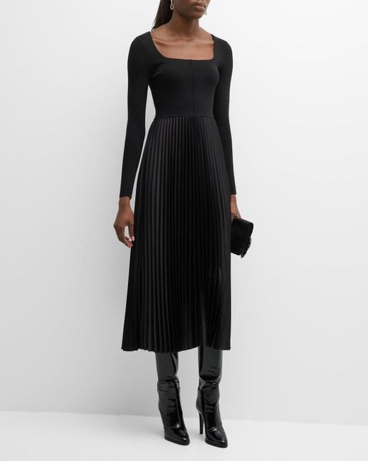 Tahari Black The Fara Pleated Square-Neck Midi Dress