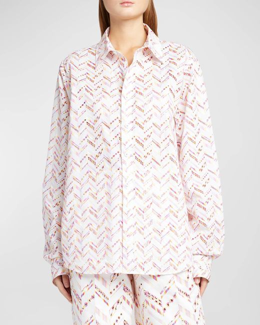 Missoni White Chevron Broderie Anglaise Long-Sleeve Collared Shirt