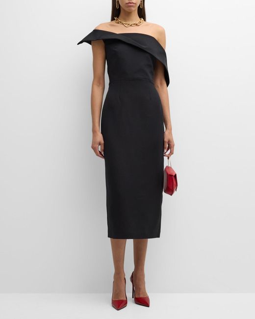 Roland Mouret Black Asymmetric Off-The-Shoulder Wool-Silk Midi Dress