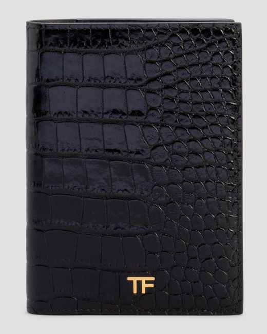 Tom Ford Black Tf Passport Cover In Stamped Croc Leather