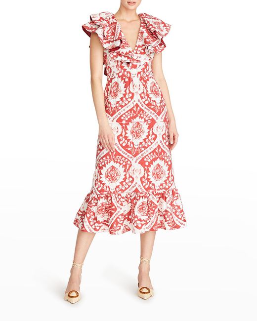 AMUR Red Zemirah Ruffle-sleeve Floral Cotton Midi Dress
