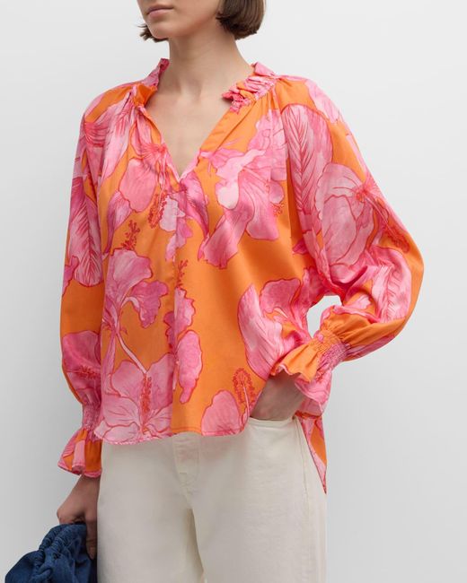 Finley Red Candance Floral-Print Blouson-Sleeve Cotton Top