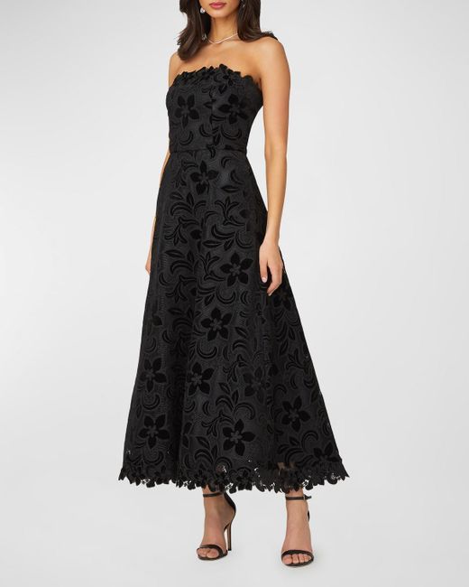 Shoshanna Black Strapless Floral Velvet Lace Gown