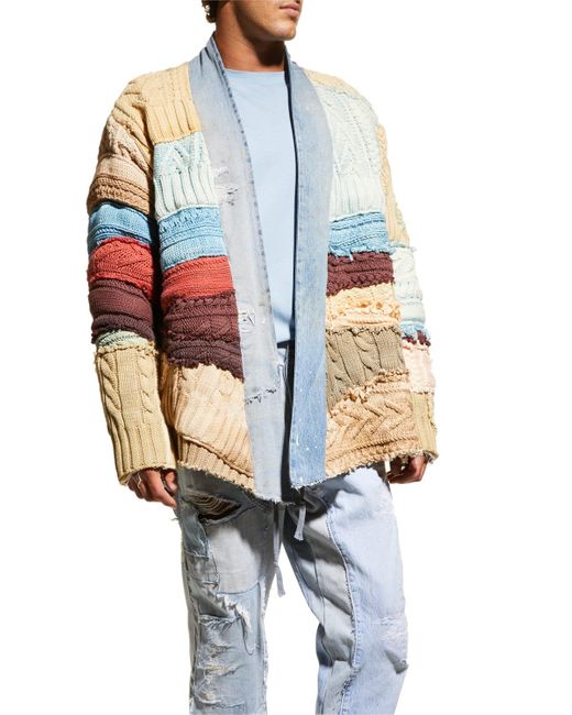 Greg Lauren Blue Mixed Fisherman Knit Cardigan Sweater for men