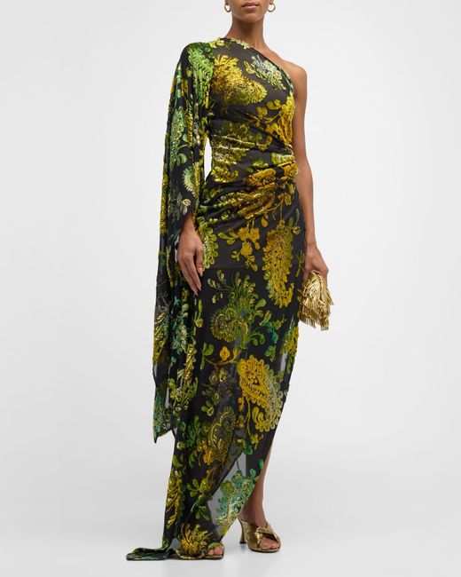 Cult Gaia Green Adira One-Shoulder Burnout Column Gown