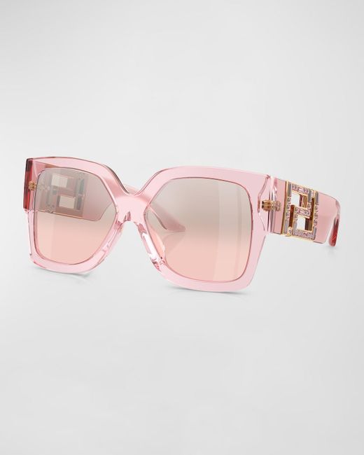 Versace Pink Embellished Greca Acetate Rectangle Sunglasses