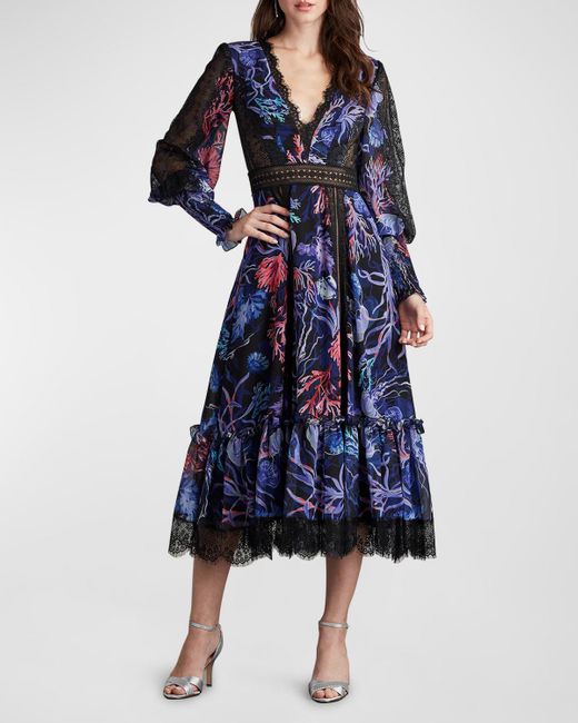 Tadashi Shoji Blue Coral-Print Lace-Trim Bishop-Sleeve Midi Dress