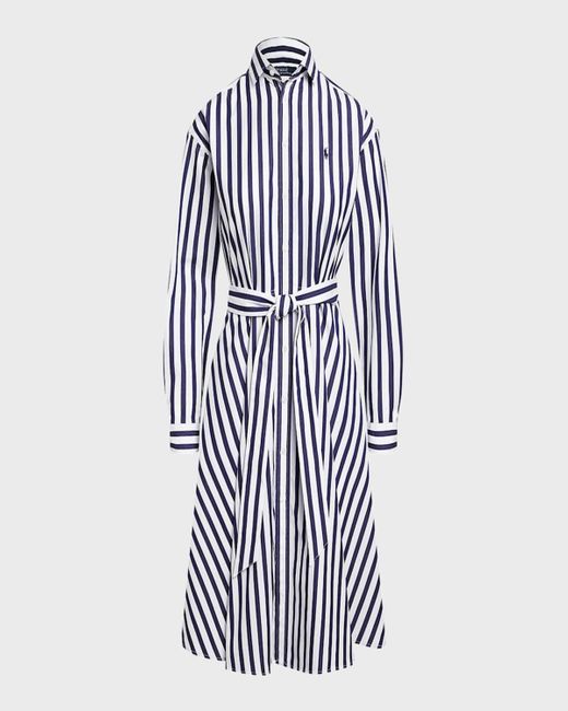 Polo Ralph Lauren Blue Belted Striped Cotton Shirtdress