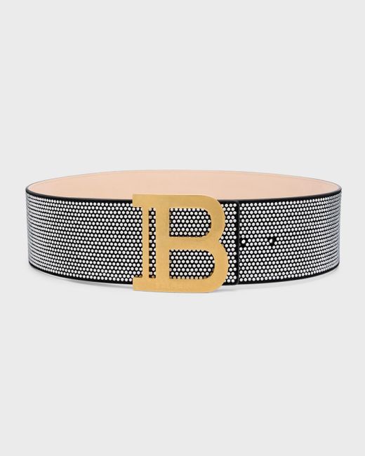 Balmain Gray B-Logo Wide Crystal Dot Leather Belt