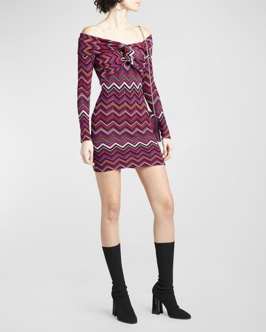 Missoni Red Chevron Twisted Off-the-shoulder Long-sleeve Mini Dress
