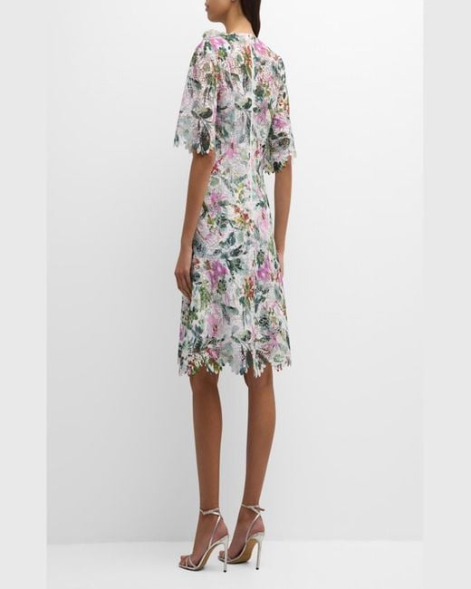 Teri Jon White Scalloped Floral-Print Lace Midi Dress