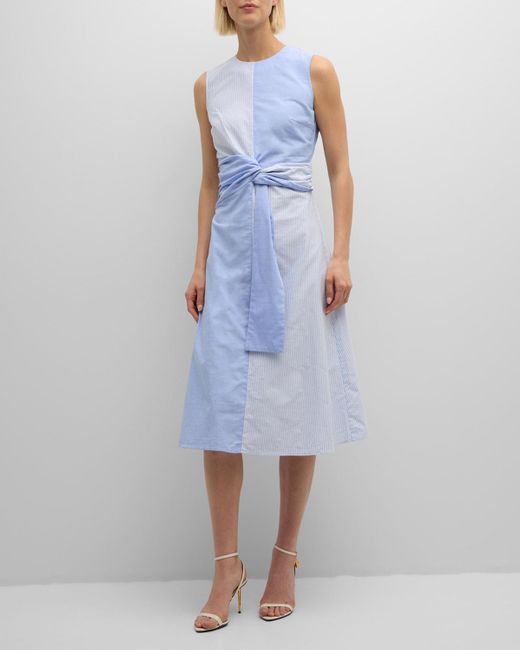 Misook Blue Striped Split-Pattern Cotton Midi Dress