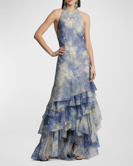 Ralph Lauren Collection Blue Lauraine Floral-Print Ruffle Backless Halter Gown