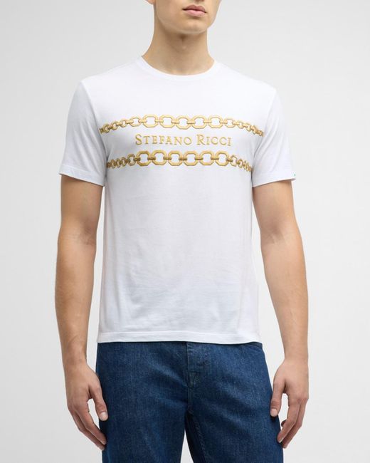 Stefano Ricci White Embroidered Chain Logo T-Shirt for men