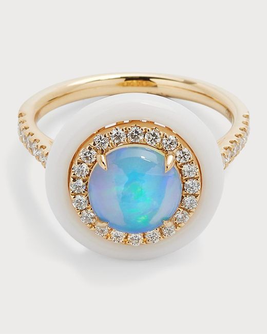 David Kord Blue 18k Yellow Gold Ring With Round Opal, Diamonds And White Frame, 0.99tcw, Size 7