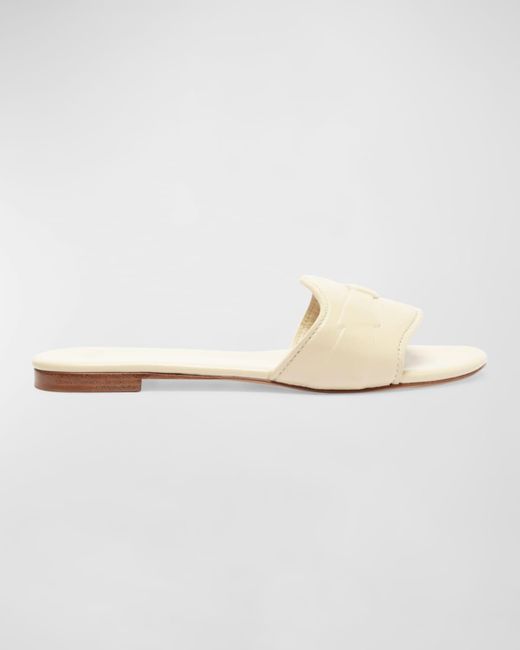 Alexandre Birman White Clarita Leather Embossed Bow Slide Sandals