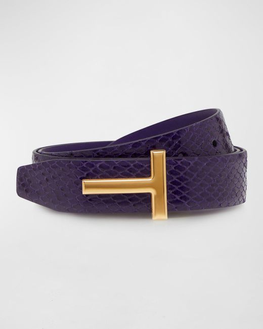 Tom Ford Blue T Buckle Python Embossed Smooth Leather Belt